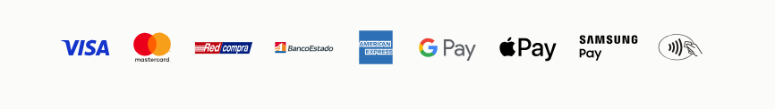 Métodos de pago: Visa, Mastercard, Redcompra, Banco Estado, American Express, Google Pay, Apple Pay, Samsung Pay
